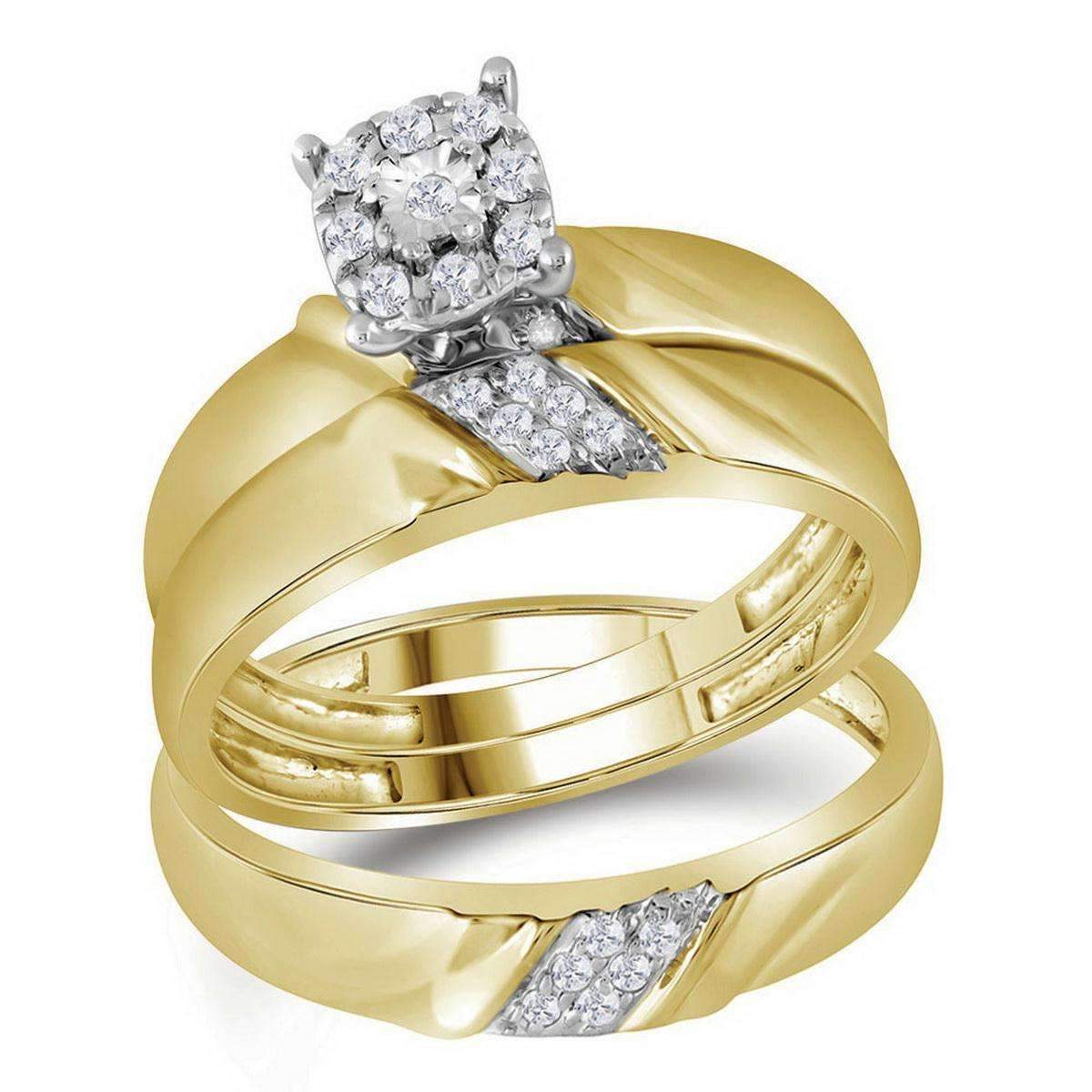 10kt Yellow Gold His & Hers Round Diamond Solitaire Matching Bridal Wedding Ring Band Set 1/5 Ct