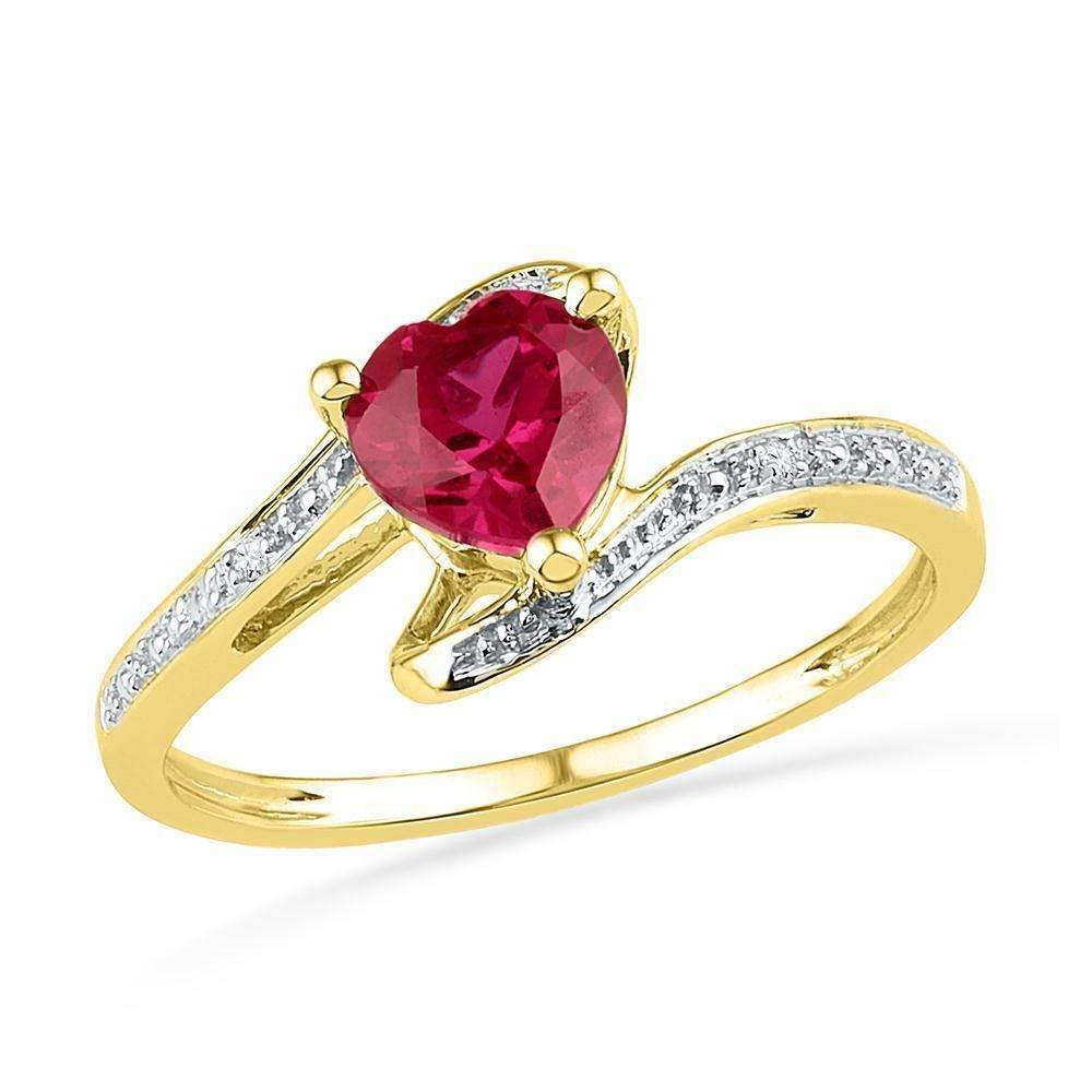 10kt Yellow Gold Women's Heart Lab-Created Ruby Solitaire Diamond-accent Bypass Ring 1.00 Cttw -