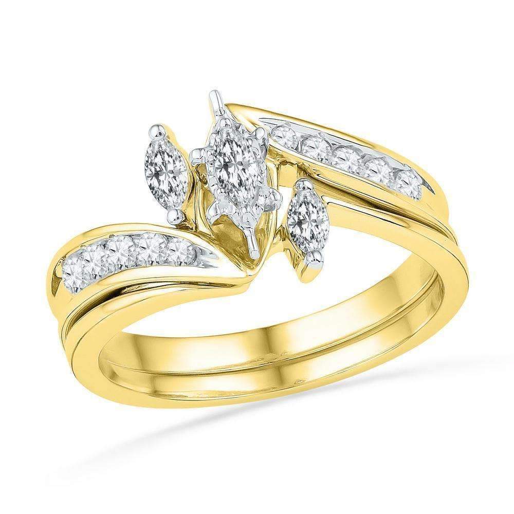 10kt Yellow Gold Women's Marquise Diamond 3-Stone Bridal Wedding Engagement Ring Band Set 1/2 Ct