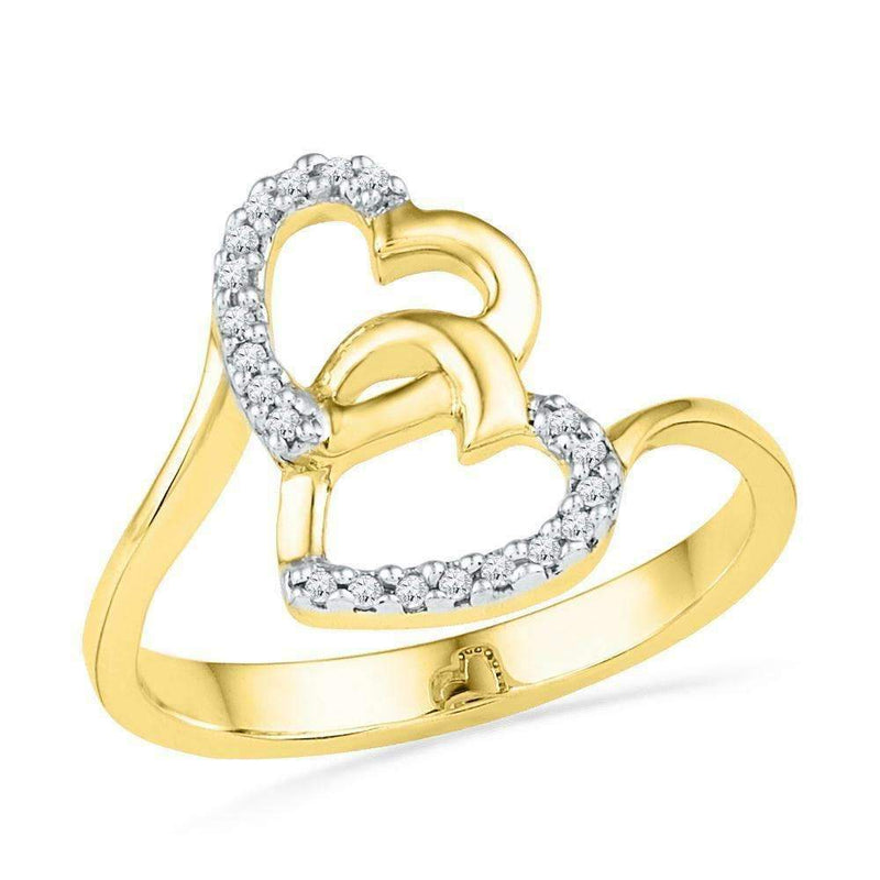 10kt Yellow Gold Women's Round Diamond Double Heart Love Ring 1/12 Ctt
