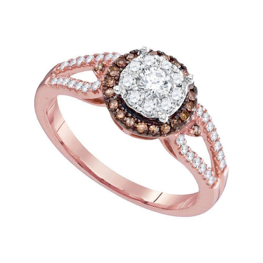 14kt Rose Gold Womens Round Diamond Solitaire & Brown Halo Bridal Wedding Engagement Ring 1/2 Ct