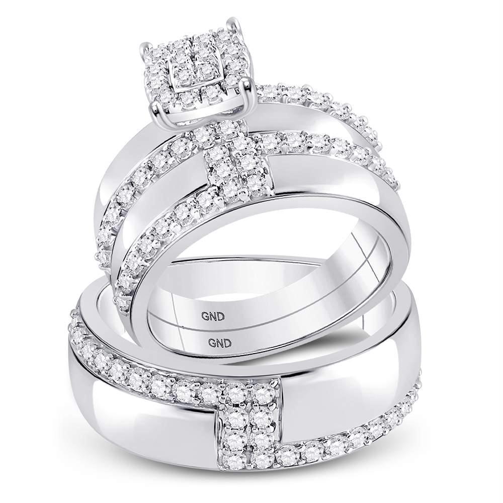 14kt White Gold His & Hers Diamond Cluster Bridal Wedding Ring Band Set