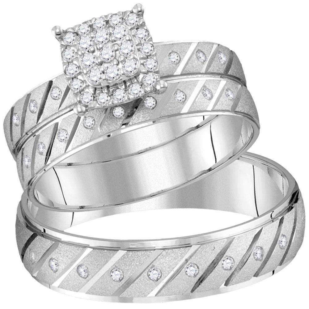 14kt White Gold His & Hers Round Diamond Cluster Matching Bridal Wedding Ring Band Set 1/3 Cttw 