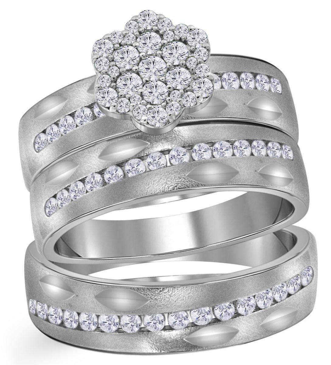 14kt White Gold His & Hers Round Diamond Matching Bridal Wedding Ring Band Set 3/4 Cttw - FREE S