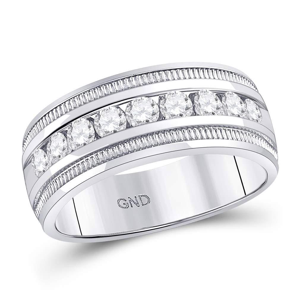 14kt White Gold Mens Diamond Single Row Textured Wedding Band Ring 1.00 Cttw