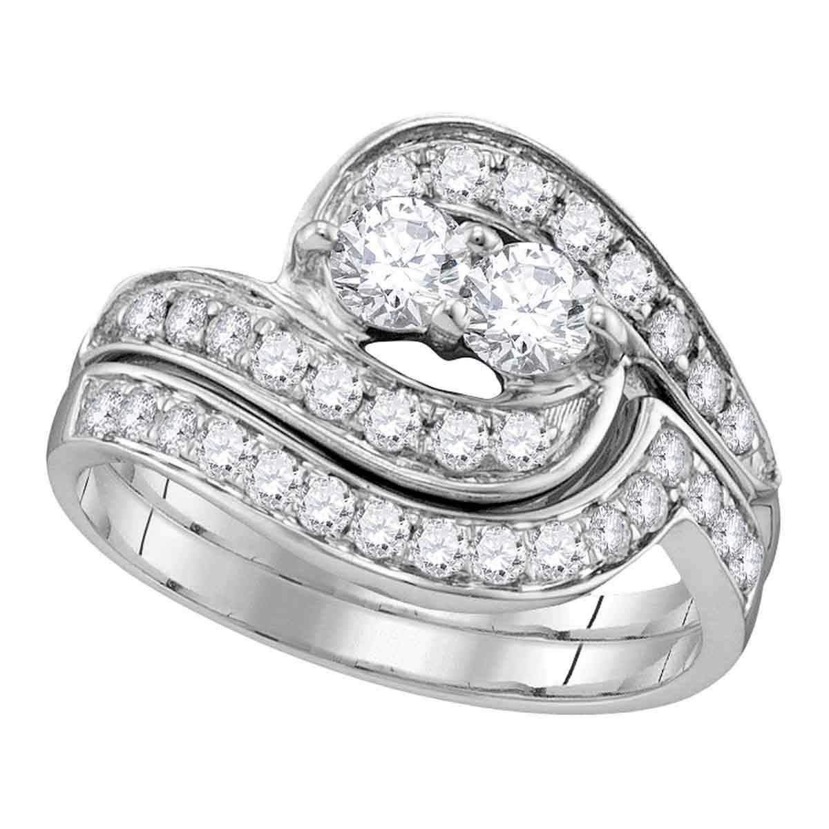 10kt White Gold Women's Round Diamond 2-Stone Hearts Together Bridal Wedding Engagement Ring Ban