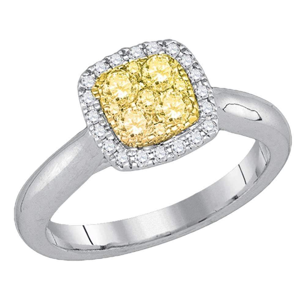 14kt White Gold Women's Round Yellow Canary Diamond Square Cluster Ring 1/2 Cttw - FREE Shipping