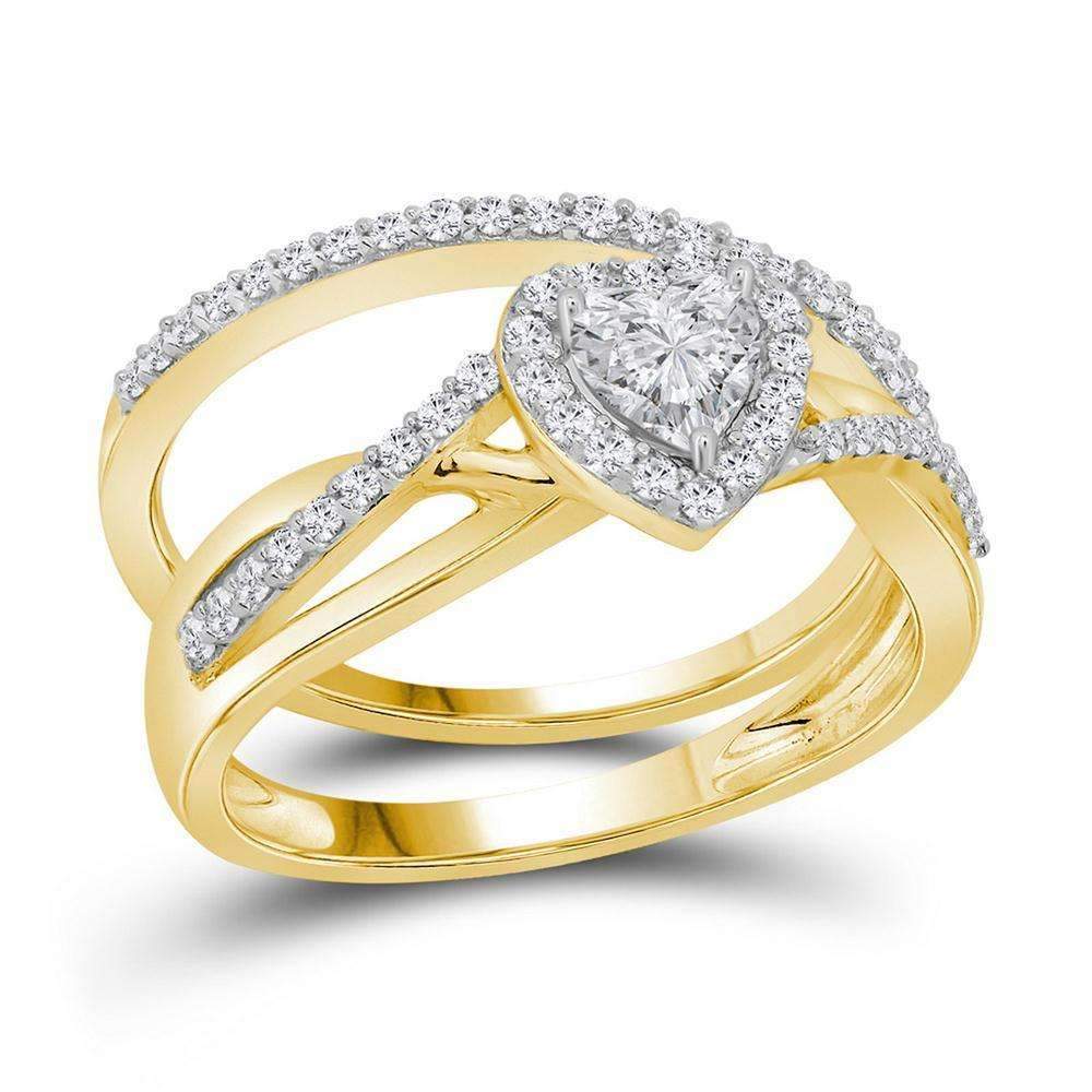 14kt Yellow Gold Womens Heart Diamond Bridal Wedding Engagement Ring Band Set 7-8 Cttw
