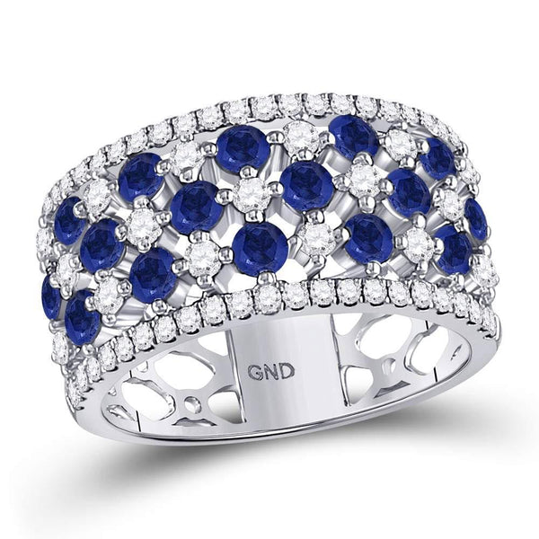 18kt White Gold Women's Blue Sapphire Diamond Checkered Band Ring 2.00 Cttw-Gold & Diamond Rings-JadeMoghul Inc.