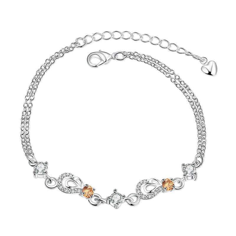 Women Zircon Decoration Double Chains Silver Plated Copper Bracelet