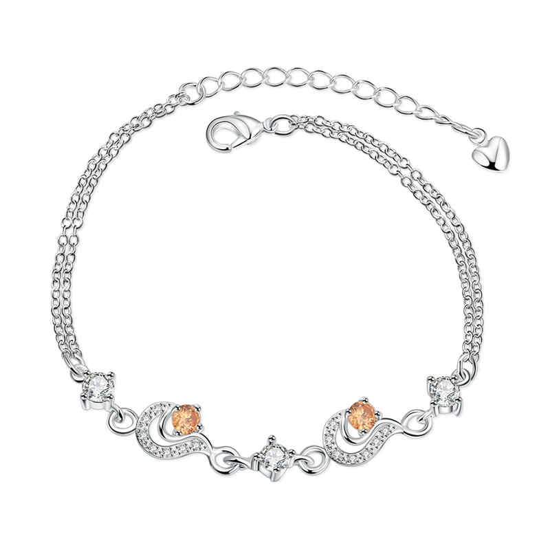 Lady Graceful Zircon Decoration Double Chains Silver Plated Bracelet