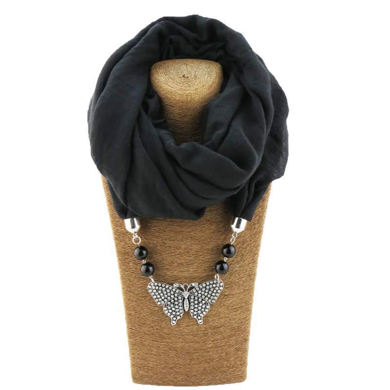 Women Graceful Hollow Butterfly Shape Alloy Pendant Acrylic Beads Decoration Polyester Scarf Necklac