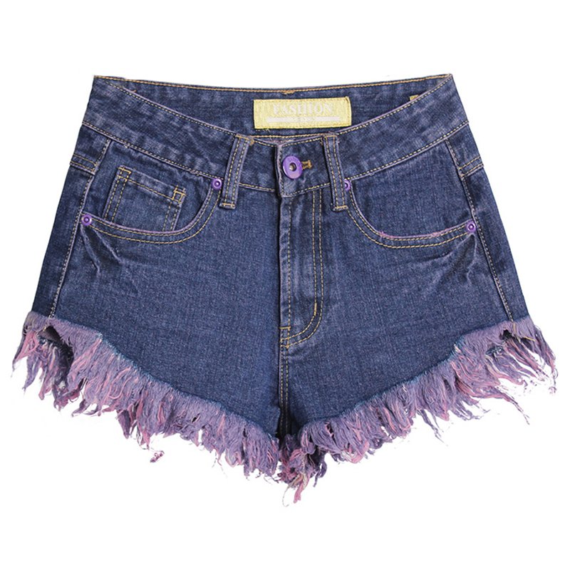 High Waisted Dark Blue Tassel Ripped Irregular Jean Shorts