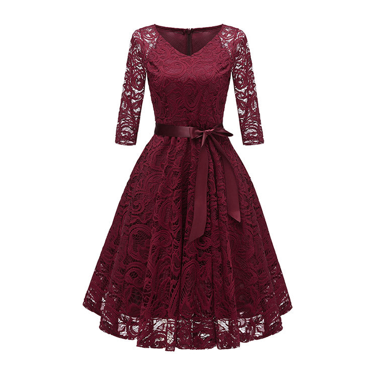 Hot Sale Bowknot Belt Lace Floral V-Neck Long Sleeve Dress Sun Dress For Party