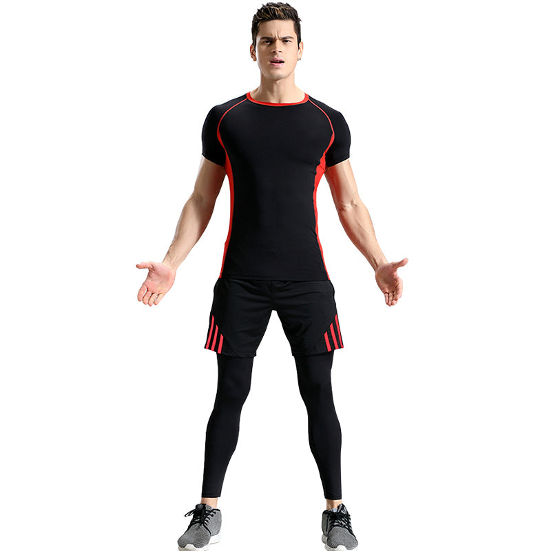 3Pcs Set Men Black Color Short Sleeve Quick-Drying  Top And Shorts And Pants Elastic Tight Fitness R