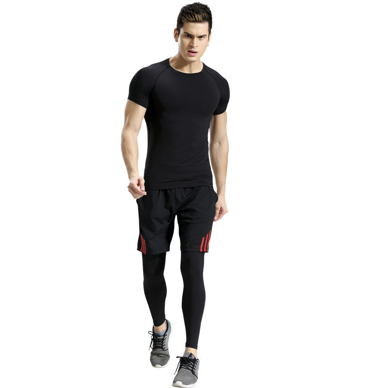 Black Color Men Running Short Sleeve Top And Shorts And Pants Quick-Drying Tight Moisture Wicking Fo