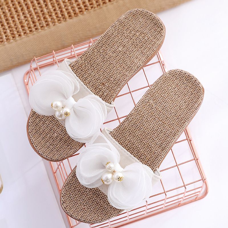 Imitation Pearl Bowknot Design Women Good Quality Linen Sandals Shoes