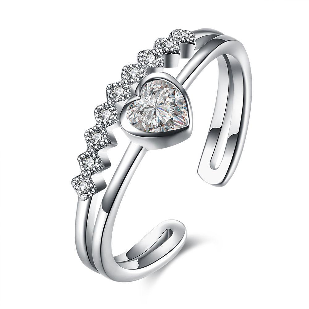 Fashion Heart Shaped Zircon Double Layer Silver Adjustable Ring