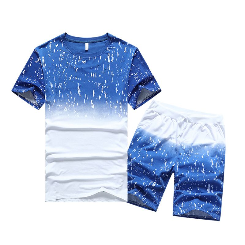 2 Pcs Men Gradient Color Tees And Lace-up Shorts Set