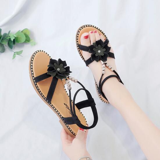 Fresh Style Round Toe Flower Pattern Beaded Design Spaghetti Ankle Strap Sandals Shoes