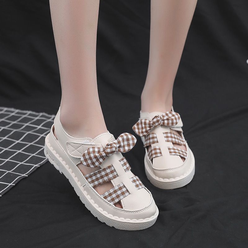 Cover Toe Plaid Print Bowknot Decor Breathable Sandals Shoes