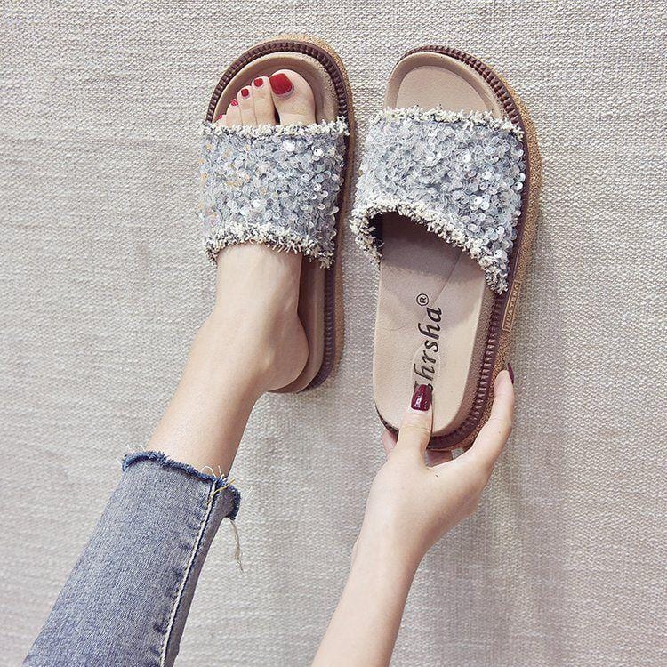 Sequin Design Single Wide Strap Upper Casual Outdoor Platform Slippers Shoes