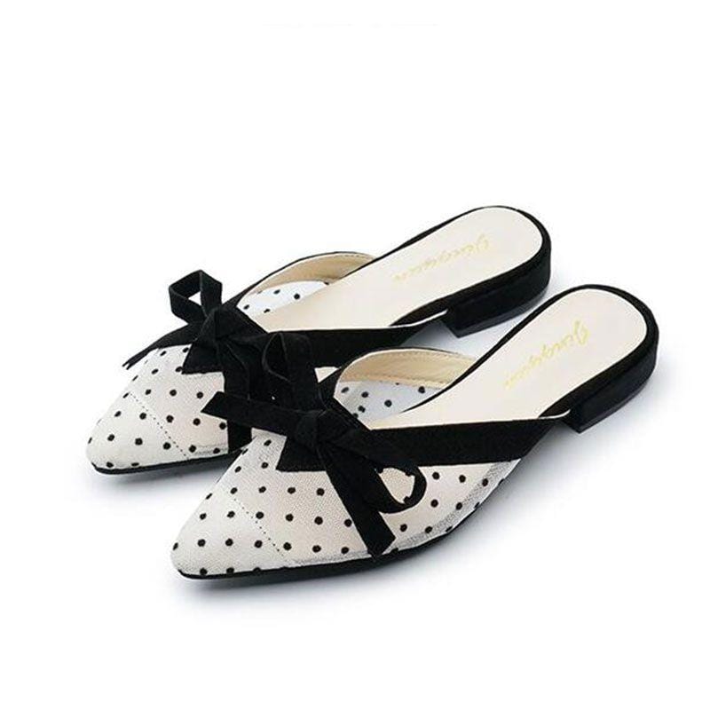 Polka Dot Bowknot Decor Pointed-toe Low Heel Mules Shoes