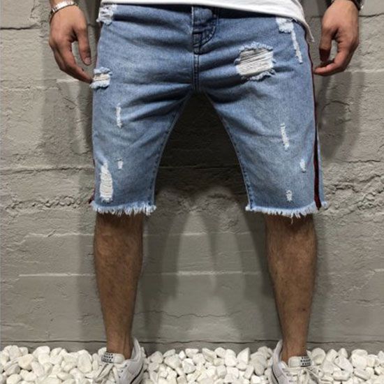 Classic Style Men Side Stripe Ripped Denim Shorts