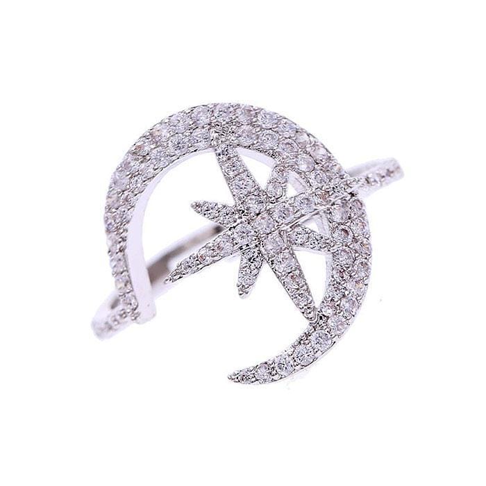 Women Classic Moon Star Pattern Shiny Zircon Decor Brass Ring