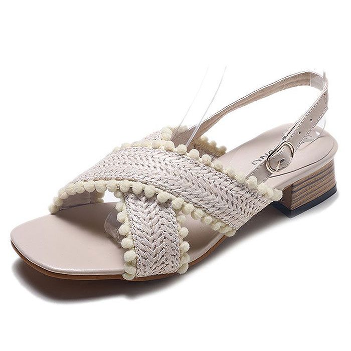 Fresh Style Double Bands Crossed Design Square-toe Chunky Heel Sandals Shoes