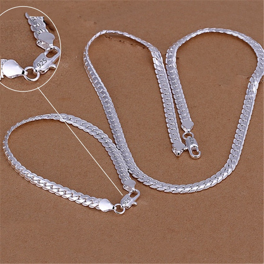 925 silver color Christmas gifts European style retro 6MM flat chain necklace bracelets fashion For 