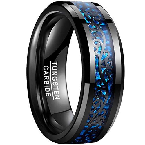 Black Promise Rings Black Blue Tungsten Carbide Ring With Carbon Fiber and Vine