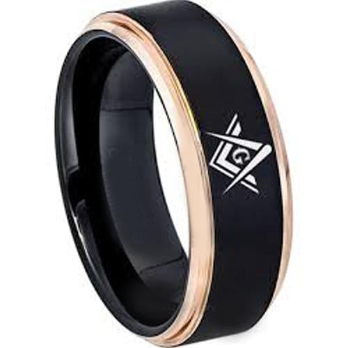 Black Band Ring Pink Rose Tungsten Carbide Masonic Step Ring