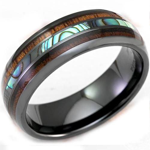 Wooden Rings Black Tungsten Carbide Abalone Shell and Koa Wood D