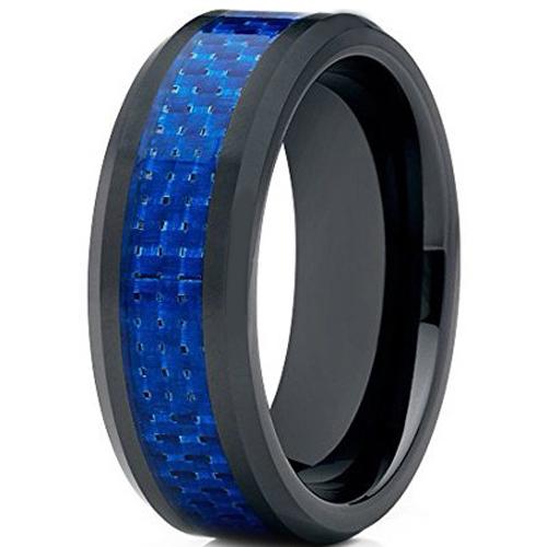 Tungsten Carbide Rings Black Tungsten Carbide Ring With Blue Carbon Fiber