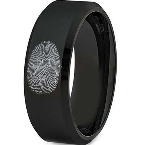 Black Ring Black Tungsten Carbide Ring With Custom Fingerprint Engraving