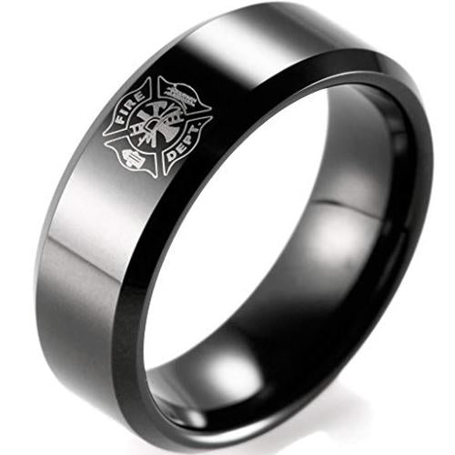 Black Ring Black Tungsten Carbide Firefighter Beveled Edges Ring