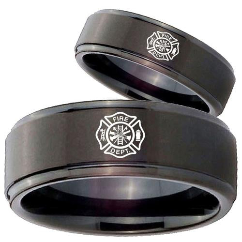 Black Band Ring Black Tungsten Carbide Step Edges Firefighter Ring