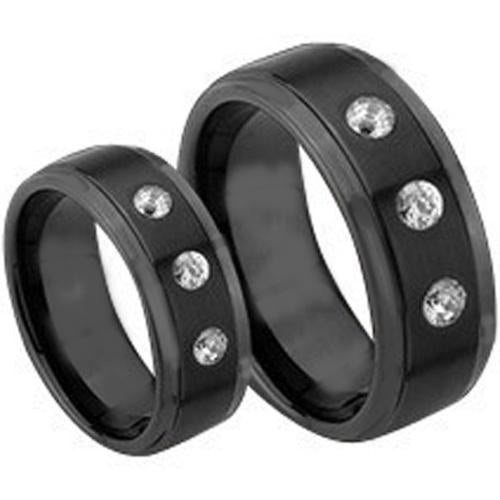 Black Diamond Ring Black Tungsten Carbide Step Ring With 0.12ct Genuine White Diamond