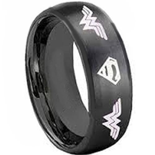 Superman Ring Black Tungsten Carbide Wonder Woman and Superman Ring