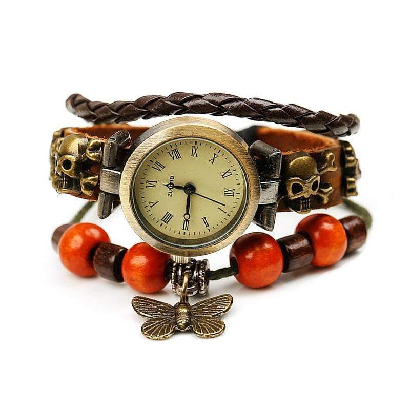 Retro Butterfly Pendant Wooden Beads Leather Bracelet Watch