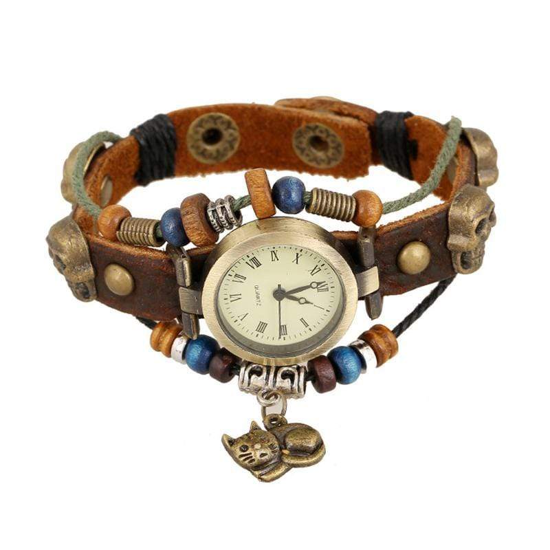 Retro Cat Pendant Wooden Beads Multilayer Leather Bracelet Watch