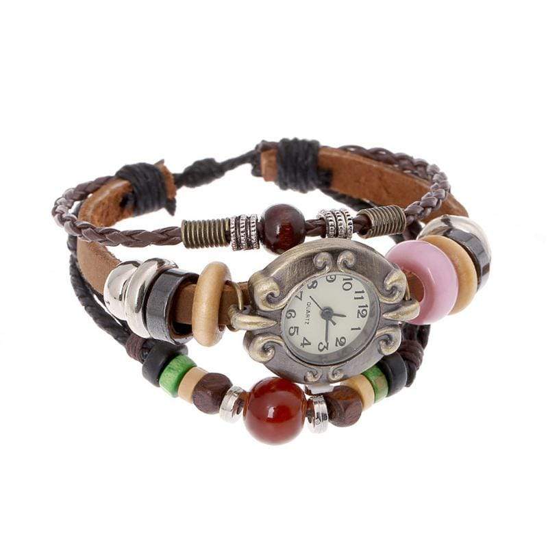 Retro Wooden Beads Leather Multilayer Bracelet Watch