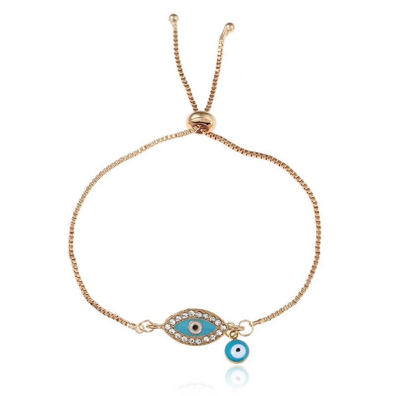 Smple Crystal Design Gold Plated Alloy Blue Enamel Evil Eye Adjustable Bracelet