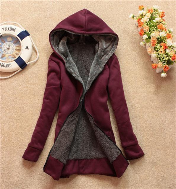 Fashion Winter Women Long Thick Fur Lined Hoodie