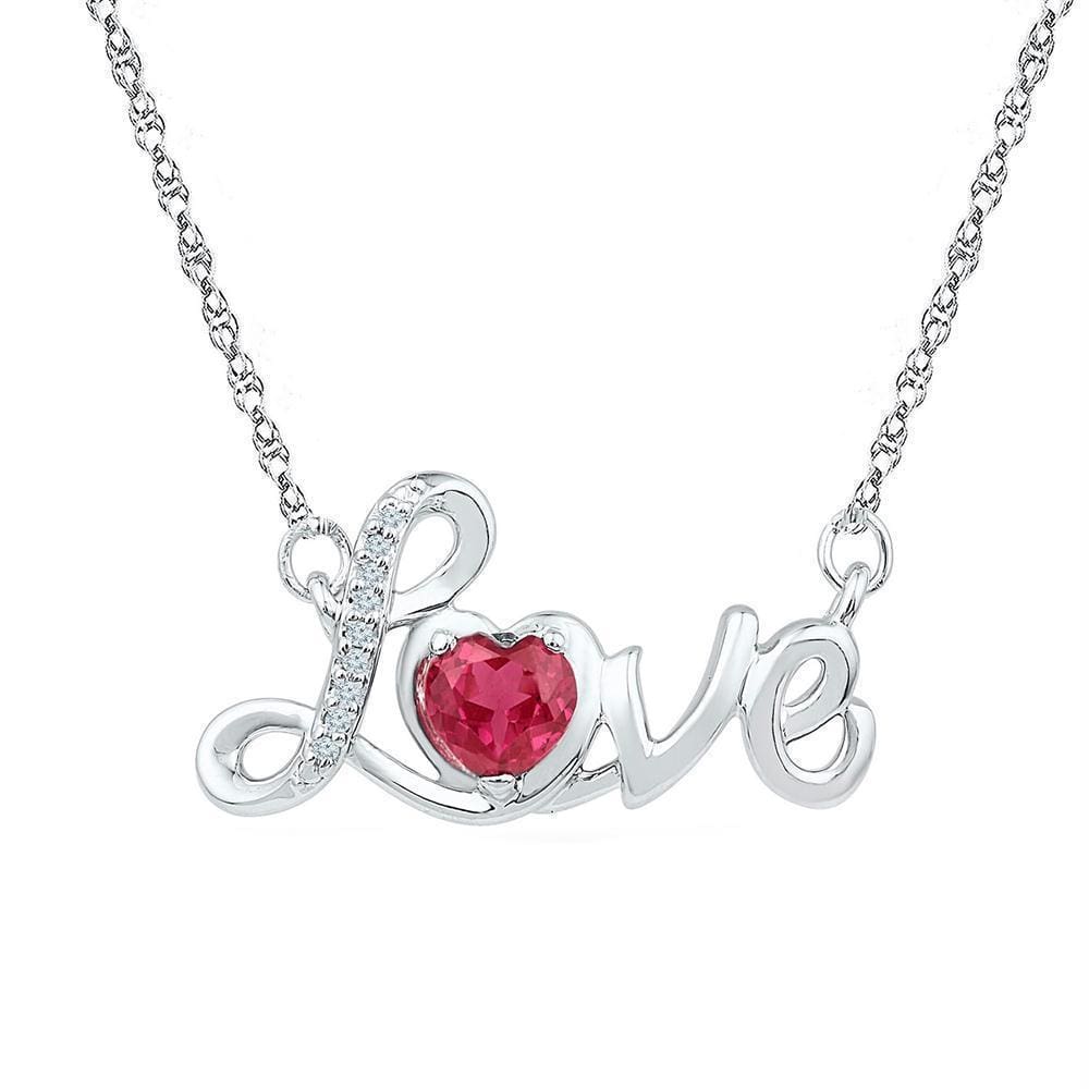 Sterling Silver Womens Round Lab-Created Ruby Love Heart Necklace 1-2 Cttw