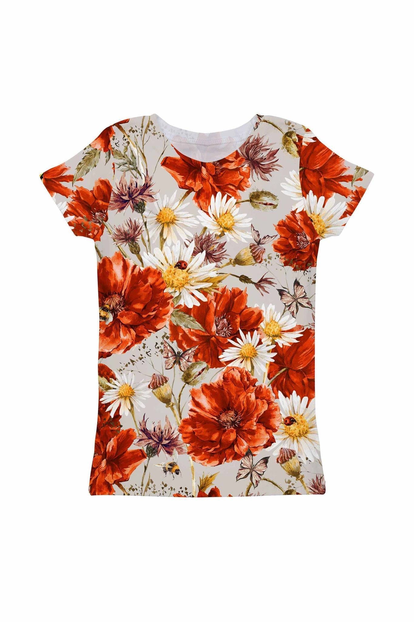 In the Wheat Field Zoe Grey Floral Print Designer Tee - Girls