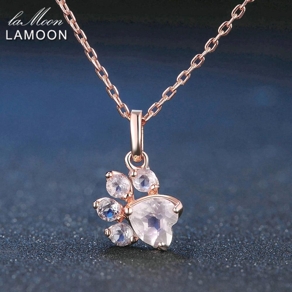 LAMOON Bear's Paw 5x5.5mm 100% Natural Gemstone Rose Quartz Chain Necklace 925 Sterling Silver J