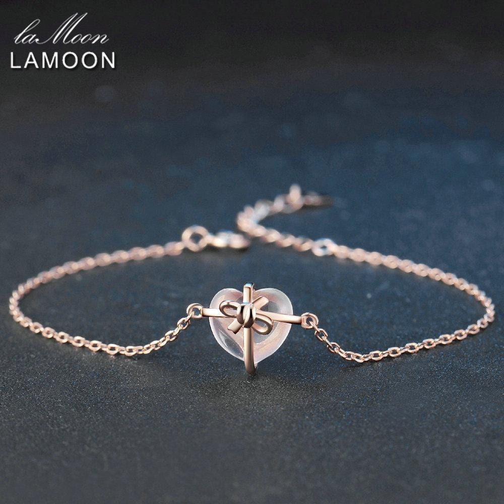 LAMOON Heart 9x10mm 100% Natural Gemstone Rose Quartz 925 Sterling Silver Jewelry  S925 Charm Bracel