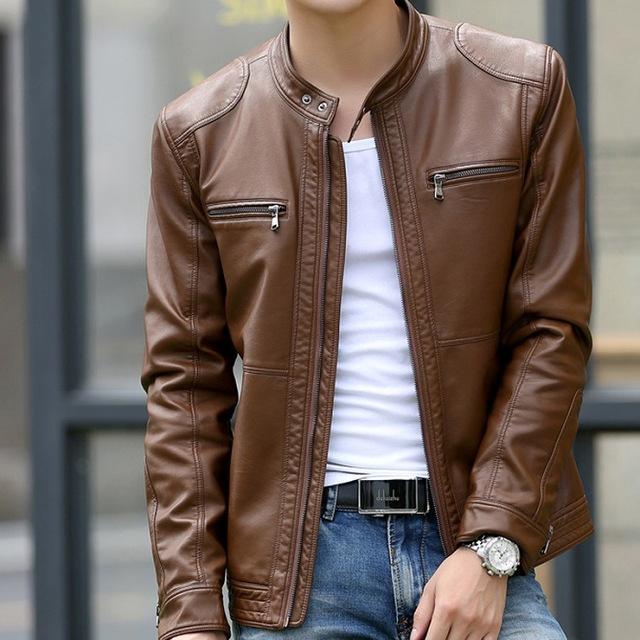 Men Leather Jacket With Stand Collar / Casual Slim Leather Jacket